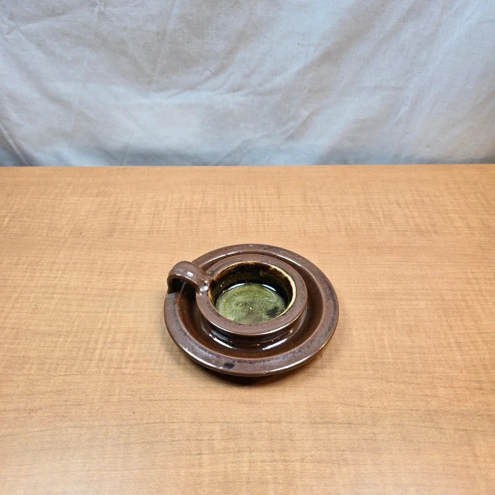 Handmade Ceramic Candle Holder in‎ Brown Glaze Signed Base Vintage 5.5
